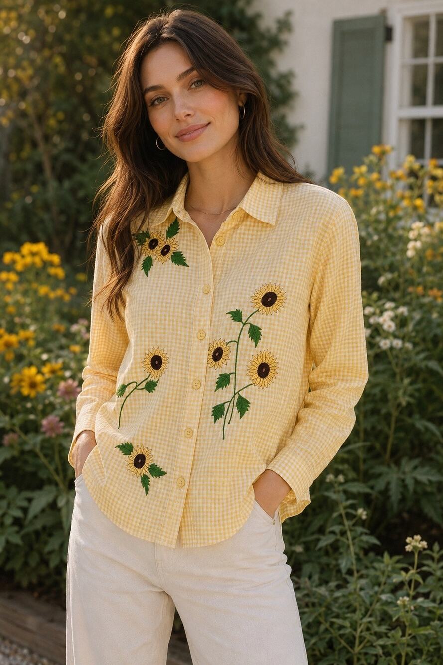 Vintage BFA Classics Yellow Gingham Sunflower Embroidered Cottagecore Blouse S